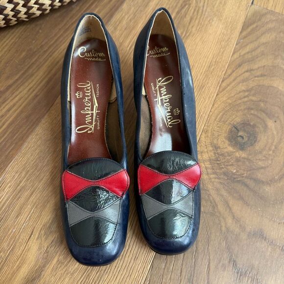 Vintage 60s 70s Imperial Block 2.5” Heel Shoes Navy Blue Black Red Grey 7 - Picture 2 of 11